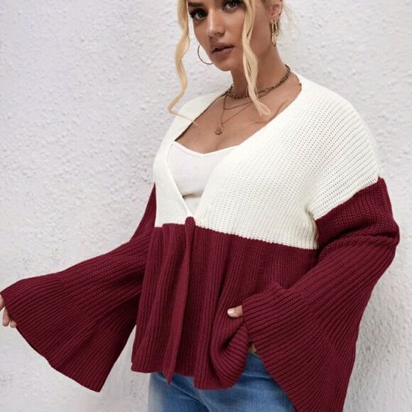 Plus Colorblock Flounce Sleeve Single Button Cardigan - Picture 5 of 6